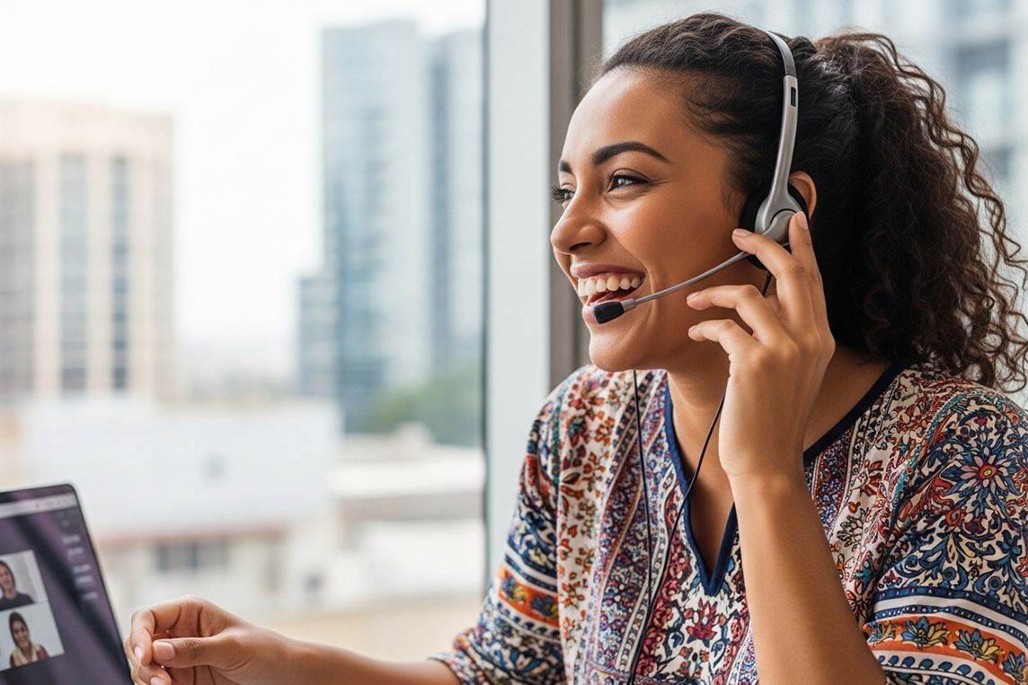 Woman uses voip phone and laptop